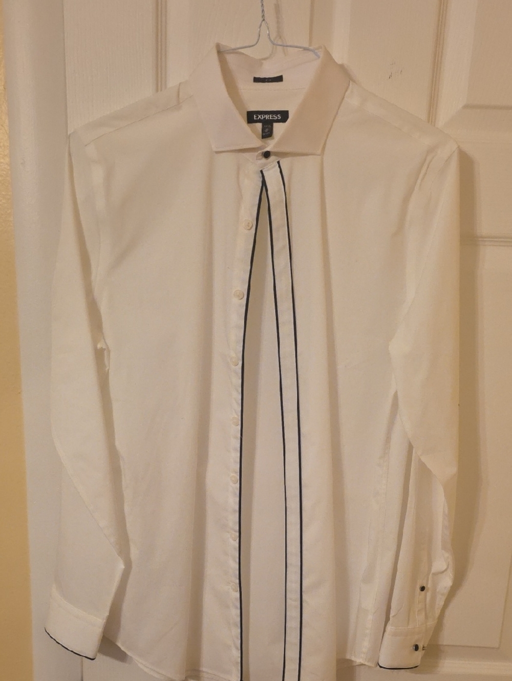 Express White Dress Shirt with Navy Stripe Detail